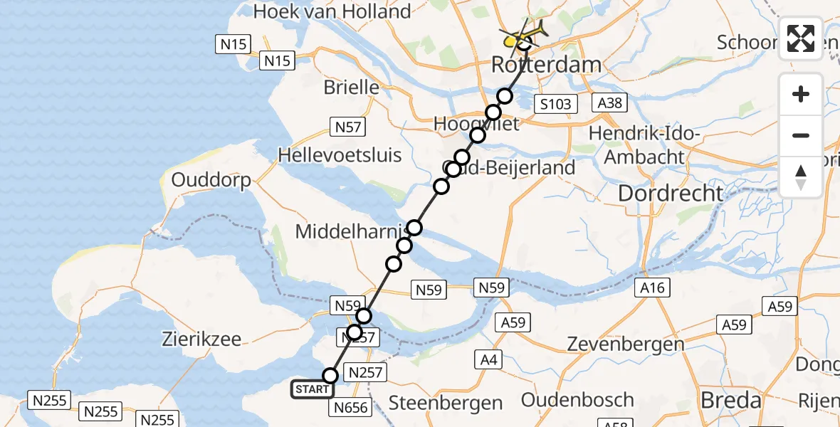 Routekaart van de vlucht: Lifeliner 2 naar Rotterdam The Hague Airport, Koelhuisdreef