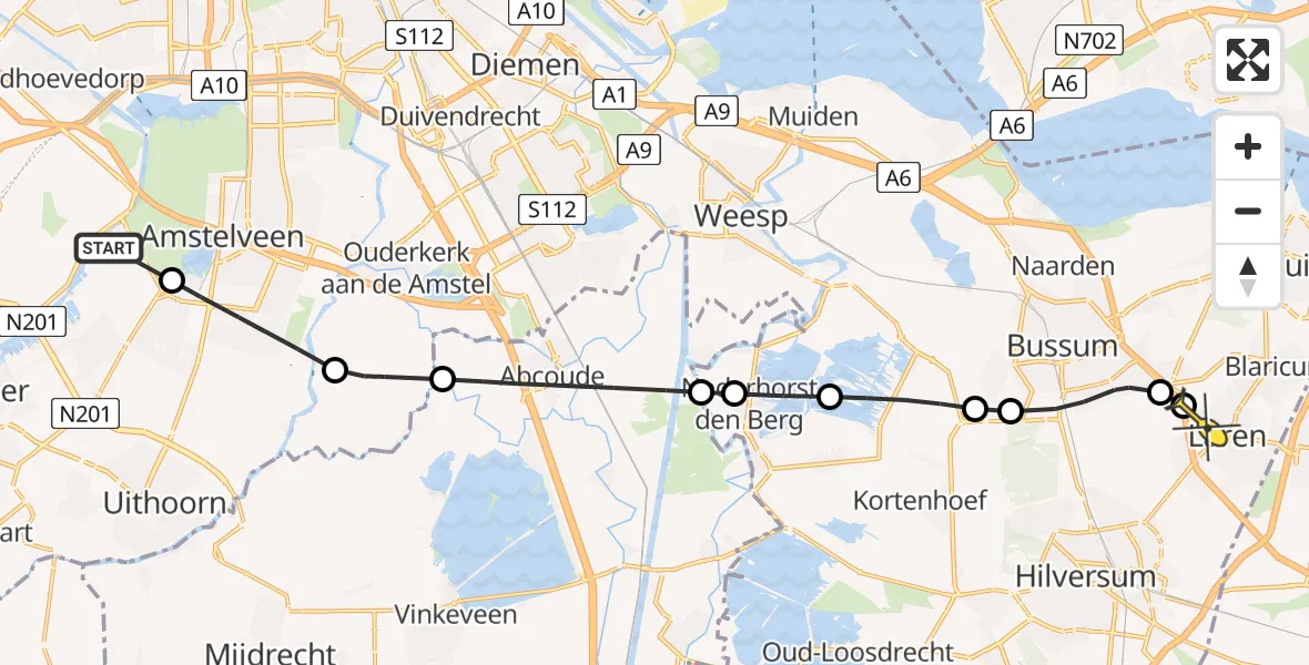 Routekaart van de vlucht: Politieheli naar Laren, Legmeerdijk