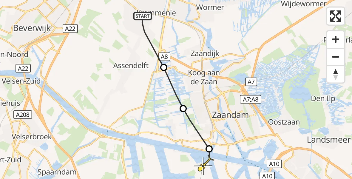 Routekaart van de vlucht: Lifeliner 1 naar Amsterdam Heliport, Steffens Weer