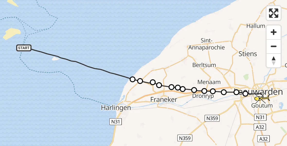 Routekaart van de vlucht: Ambulanceheli naar Leeuwarden, Borniastraat