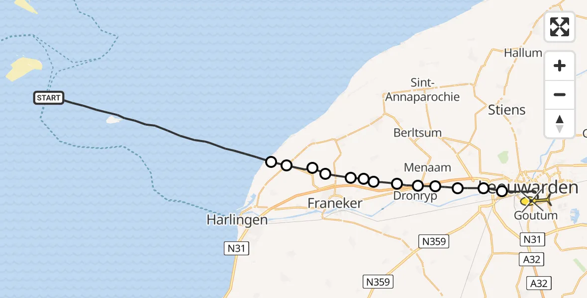 Routekaart van de vlucht: Ambulancehelikopter naar Leeuwarden, Borniastraat