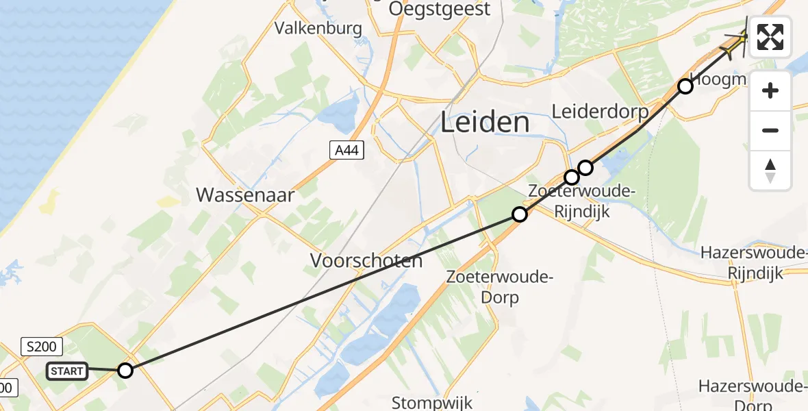 Routekaart van de vlucht: Politiehelikopter naar Hoogmade, Hoogwerflaan