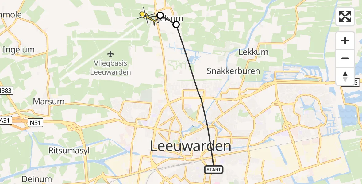 Vluchtroute Ambulancehelikopter van Leeuwarden naar Vliegbasis Leeuwarden