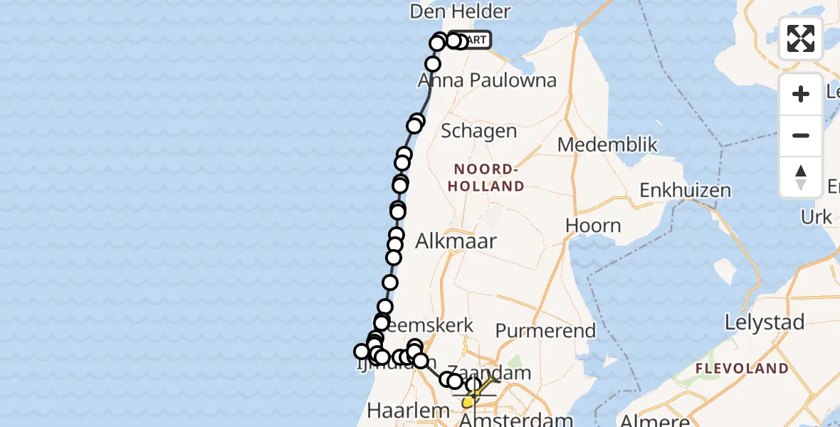 Routekaart van de vlucht: Kustwachthelikopter naar Amsterdam Heliport, Middenvliet