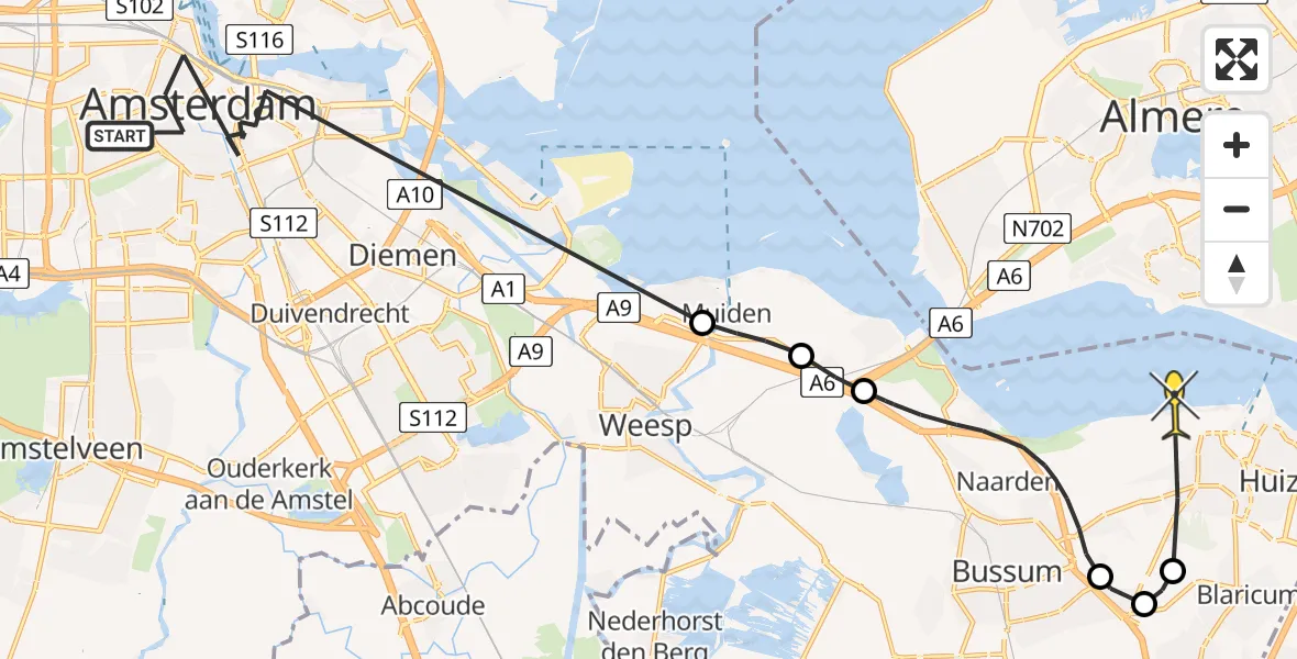 Routekaart van de vlucht: Politiehelikopter naar Naarden, Herengracht
