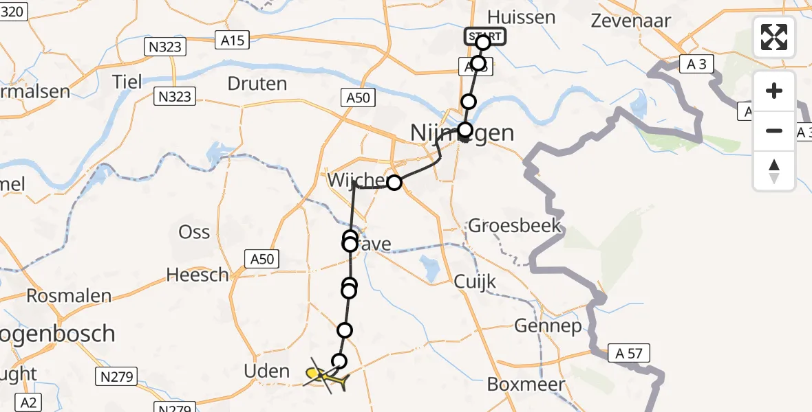 Routekaart van de vlucht: Politiehelikopter naar Vliegbasis Volkel, Breedlersestraat