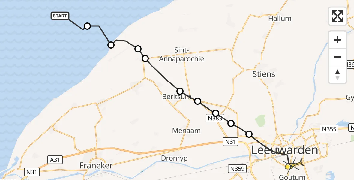 Routekaart van de vlucht: Ambulanceheli naar Leeuwarden, Vingegat