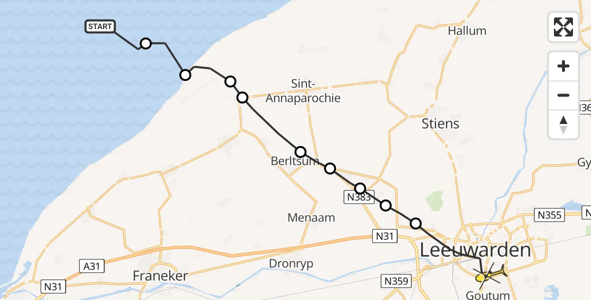Routekaart van de vlucht: Ambulancehelikopter naar Leeuwarden, Vingegat