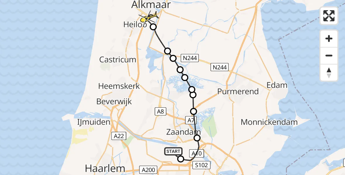 Routekaart van de vlucht: Kustwachthelikopter naar Alkmaar, Westhaven