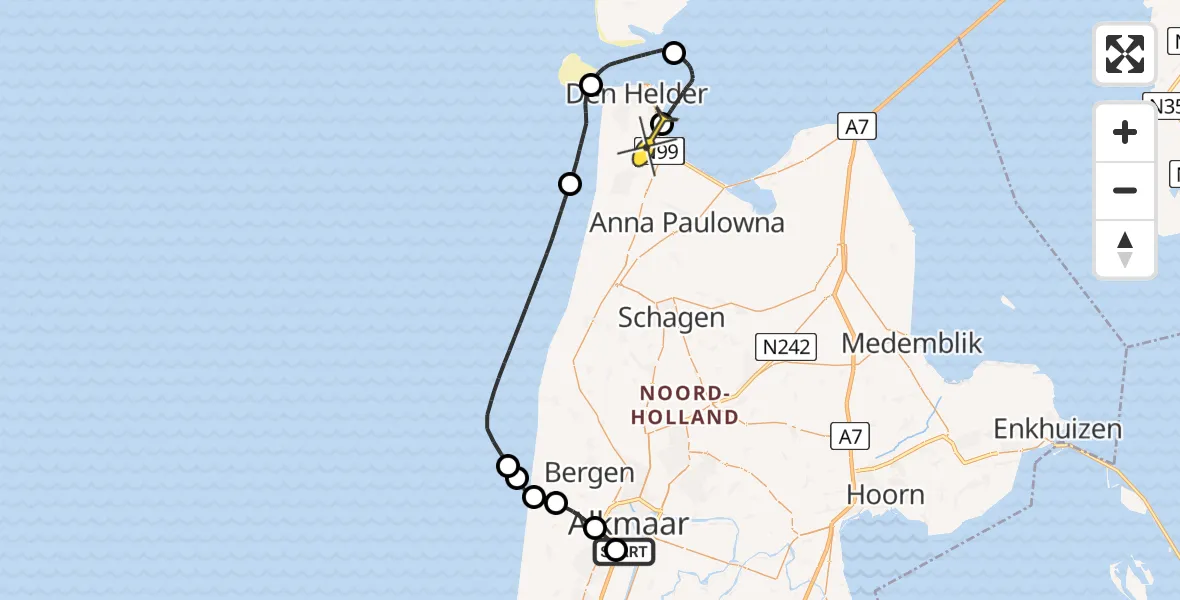 Routekaart van de vlucht: Kustwachthelikopter naar Vliegveld De Kooy, Parelweg