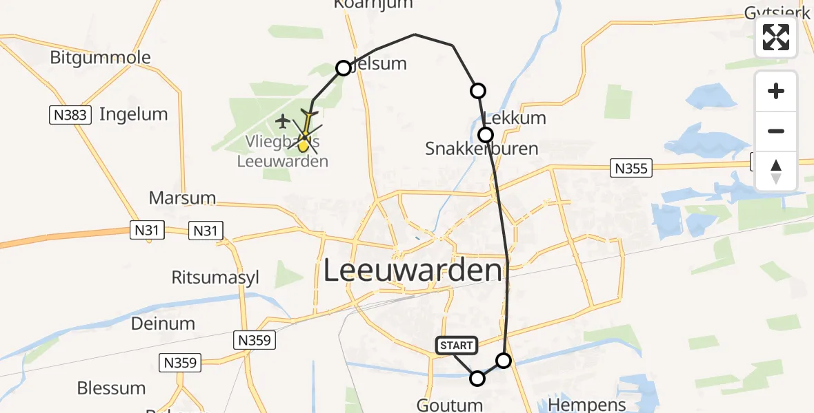 Vluchtroute Ambulancehelikopter van Leeuwarden naar Vliegbasis Leeuwarden