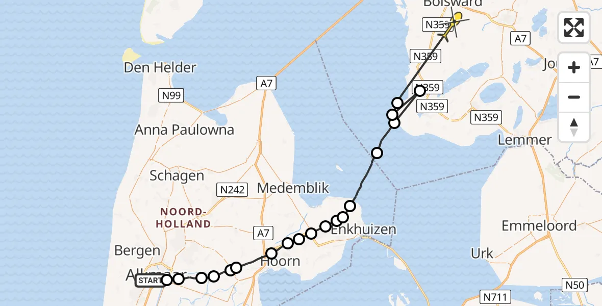 Routekaart van de vlucht: Ambulanceheli naar Tjerkwerd, Tibeertpad