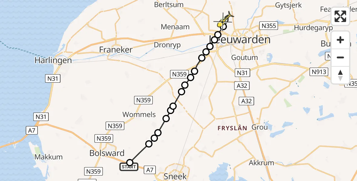 Routekaart van de vlucht: Ambulanceheli naar Vliegbasis Leeuwarden, Skieppeleane