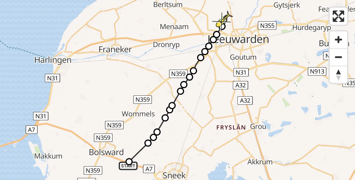 Routekaart van de vlucht: Ambulancehelikopter naar Vliegbasis Leeuwarden, Skieppeleane