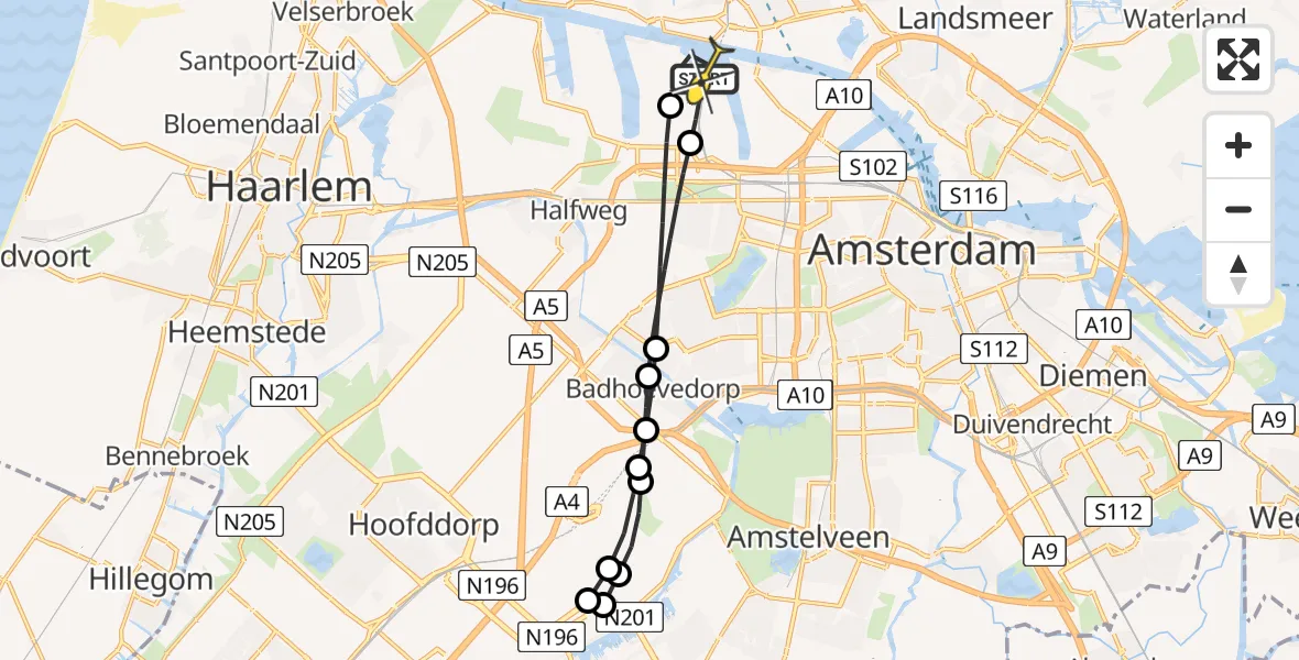 Routekaart van de vlucht: Lifeliner 1 naar Amsterdam Heliport, Nieuw-Zeelandweg