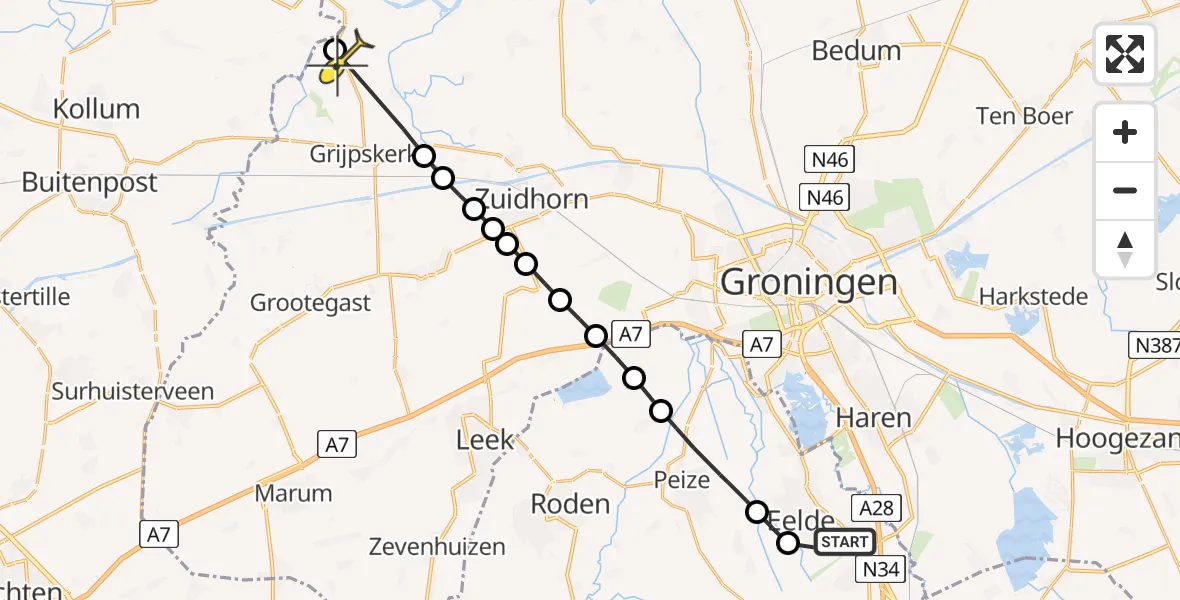 Routekaart van de vlucht: Lifeliner 4 naar Kommerzijl, Koedijk