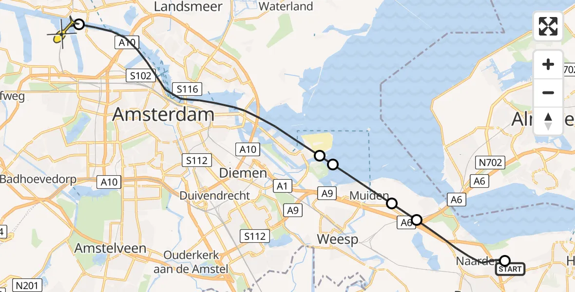 Routekaart van de vlucht: Lifeliner 1 naar Amsterdam Heliport, Rijksweg