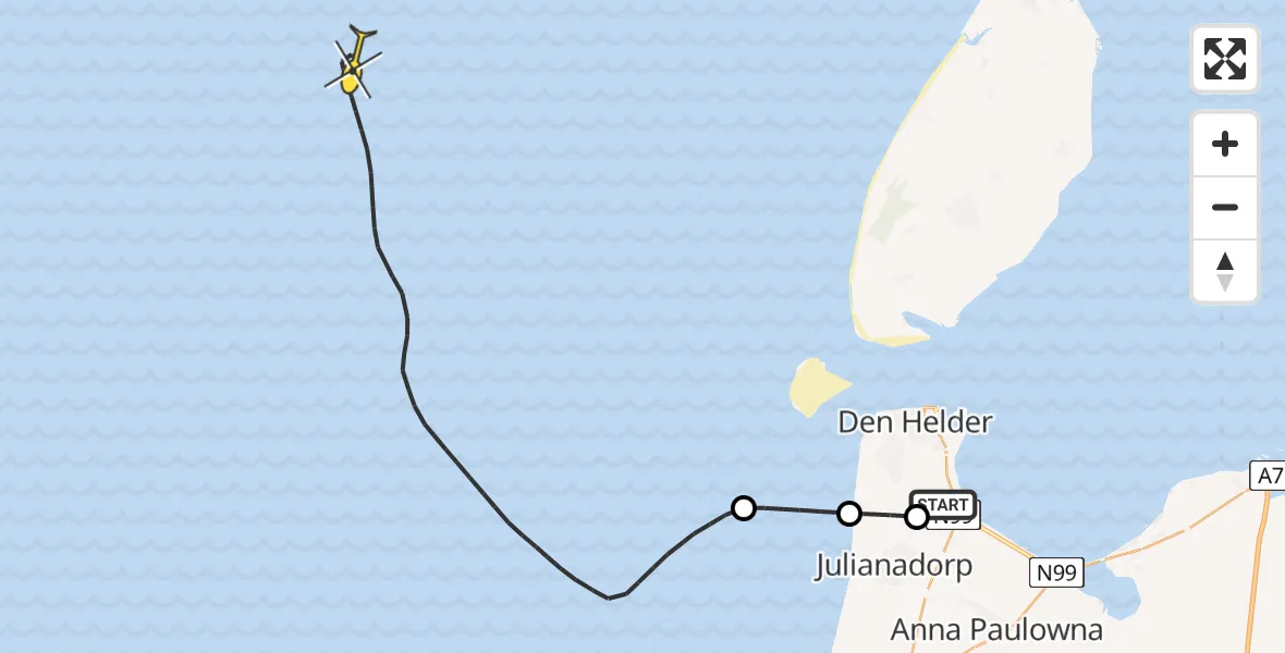 Routekaart van de vlucht: Kustwachthelikopter naar Kortevliet