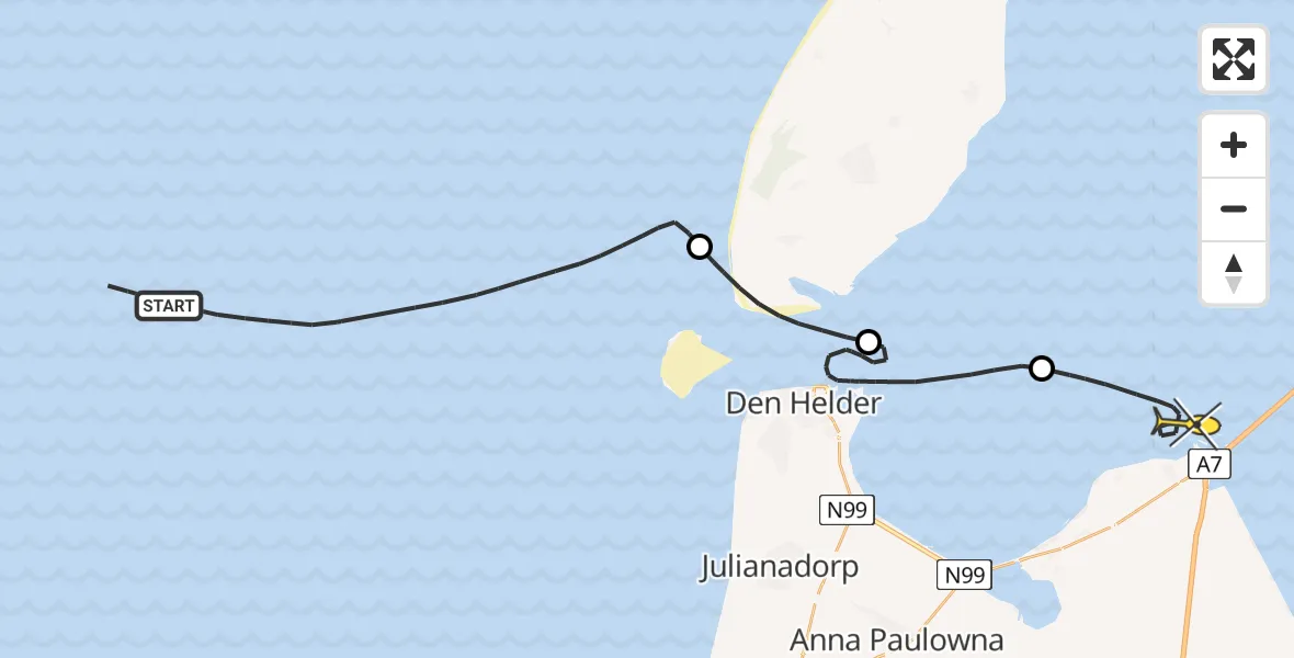 Routekaart van de vlucht: Kustwachthelikopter naar Den Oever