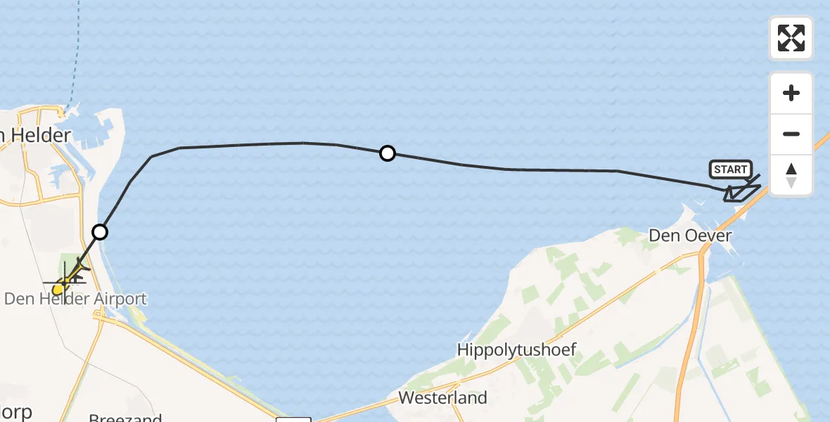 Routekaart van de vlucht: Kustwachthelikopter naar Vliegveld De Kooy, Mosselgaatje