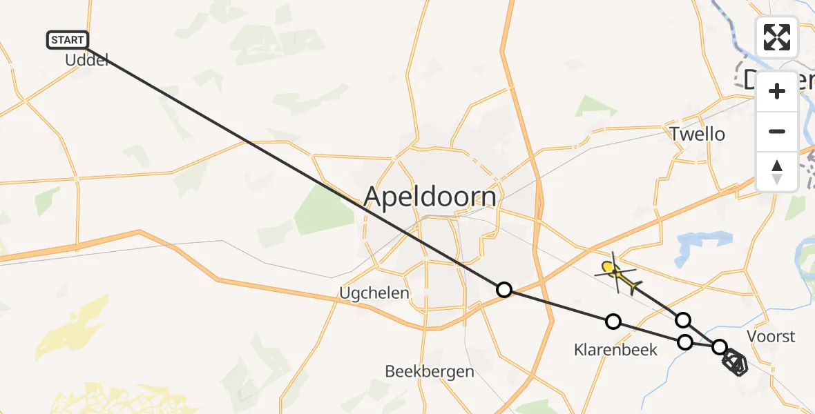 Routekaart van de vlucht: Politiehelikopter naar Klarenbeek, Zwaardvegersveld