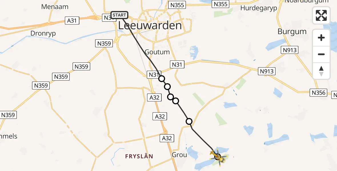 Vluchtroute Ambulancehelikopter Leeuwarden - Goëngahuizen, 04 augustus 2024, 15:25