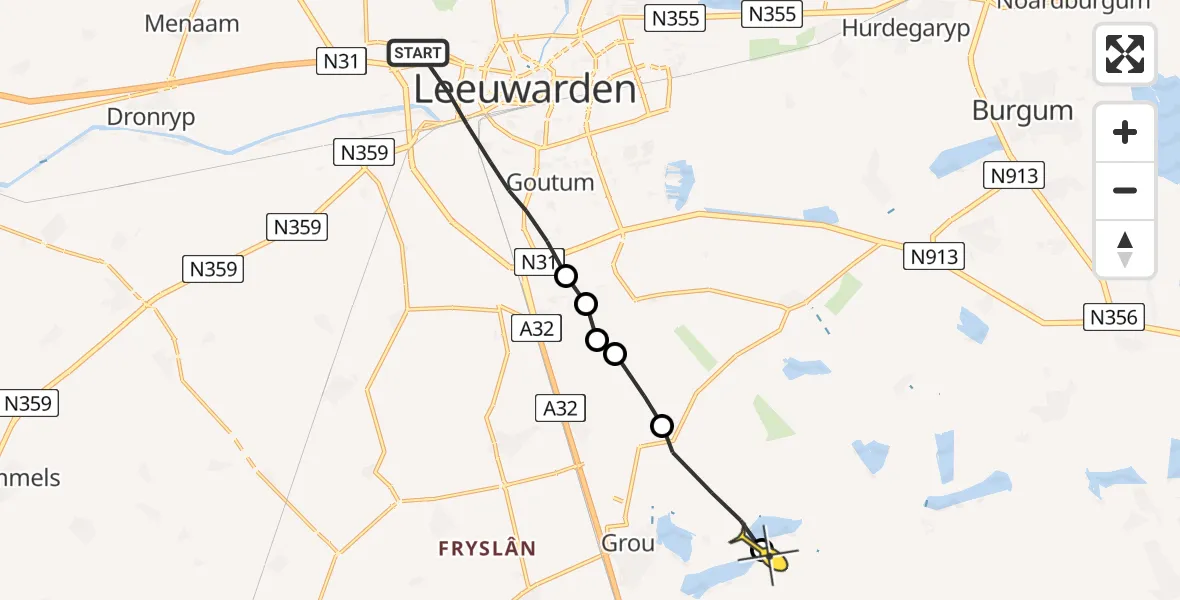 Routekaart van de vlucht: Ambulancehelikopter naar Goëngahuizen, Bisschopsrak