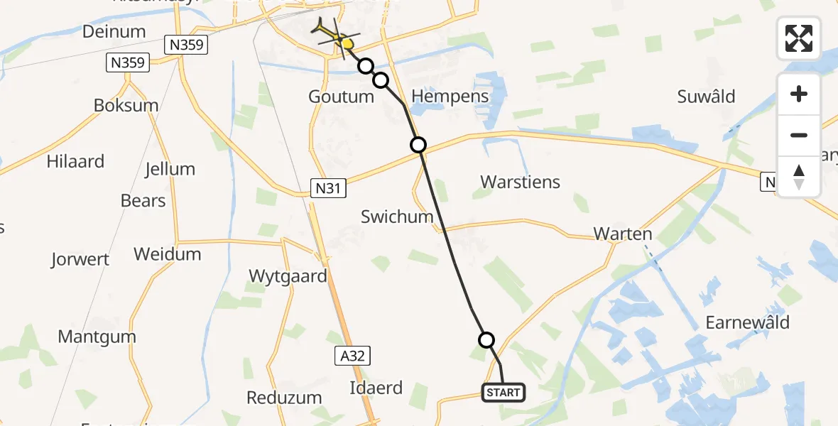 Routekaart van de vlucht: Ambulancehelikopter naar Leeuwarden, Domwier
