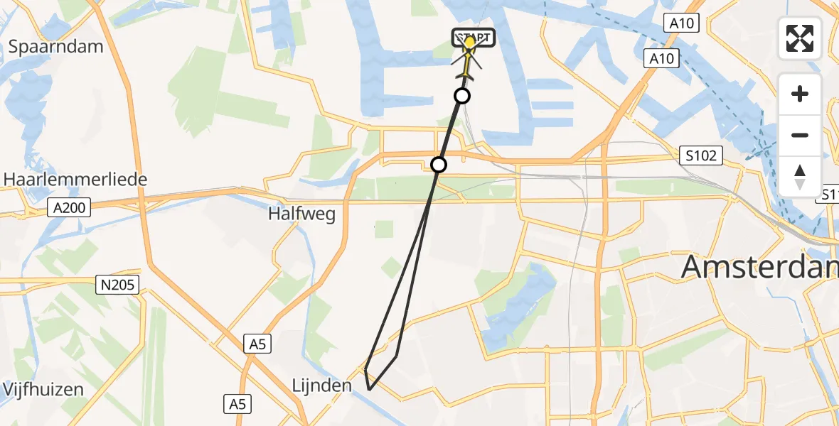 Routekaart van de vlucht: Lifeliner 1 naar Amsterdam Heliport, Australiëhavenweg