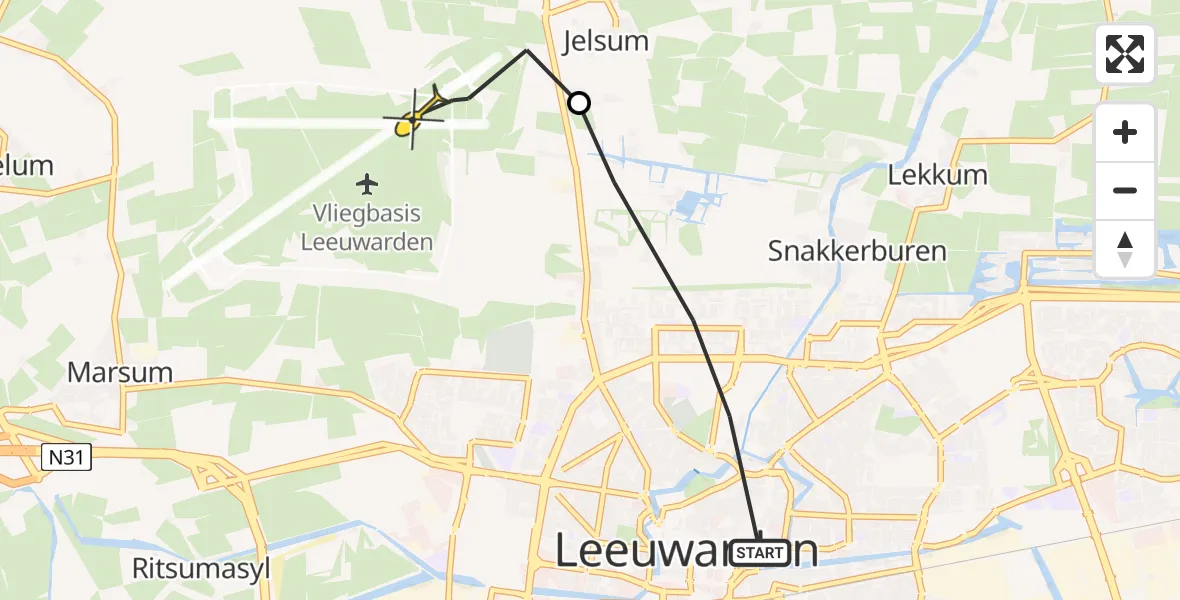 Vluchtroute Ambulancehelikopter van Leeuwarden naar Vliegbasis Leeuwarden