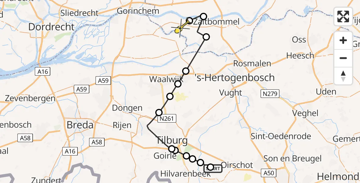 Routekaart van de vlucht: Politieheli naar Zuilichem, Wijnhovenstraat