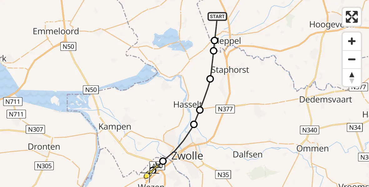 Routekaart van de vlucht: Politieheli naar Hattemerbroek, Matenweg