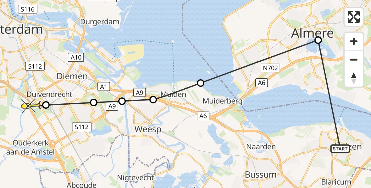 Routekaart van de vlucht: Politieheli naar Amsterdam-Duivendrecht, Tuschinskipad