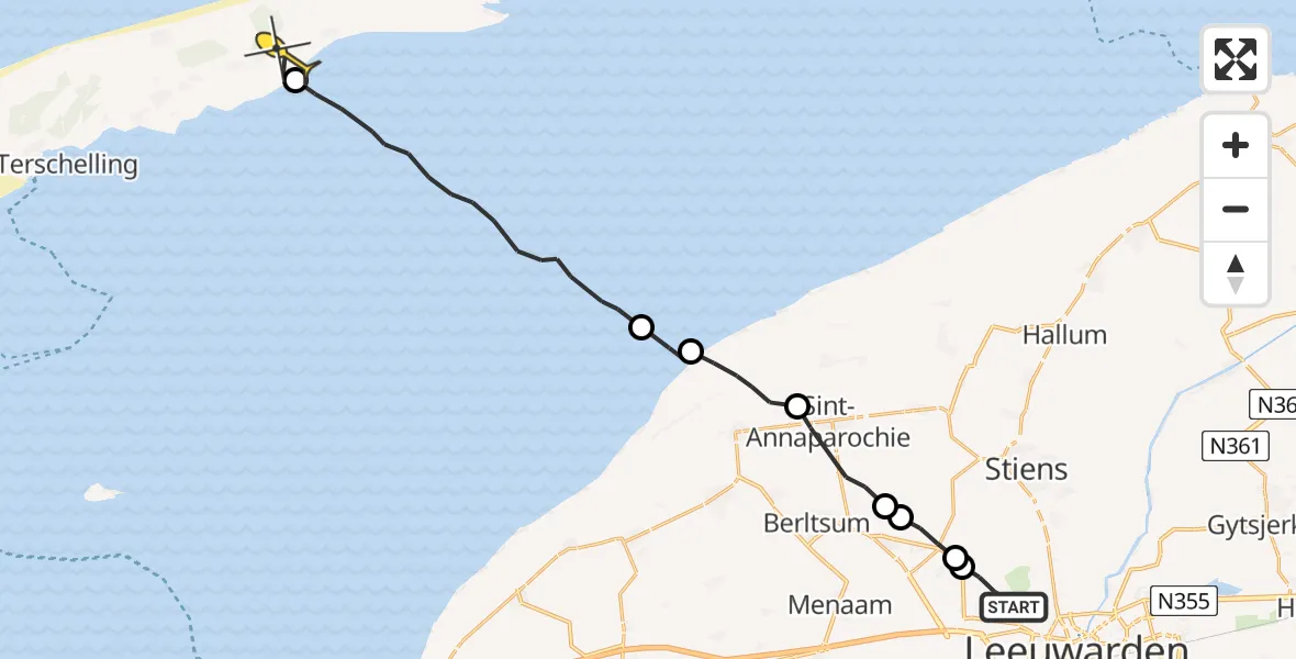 Vluchtroute Ambulancehelikopter van Vliegbasis Leeuwarden naar Hoorn