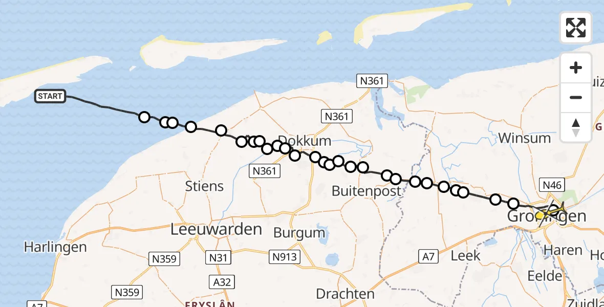 Routekaart van de vlucht: Ambulancehelikopter naar Universitair Medisch Centrum Groningen, Hanzeplein