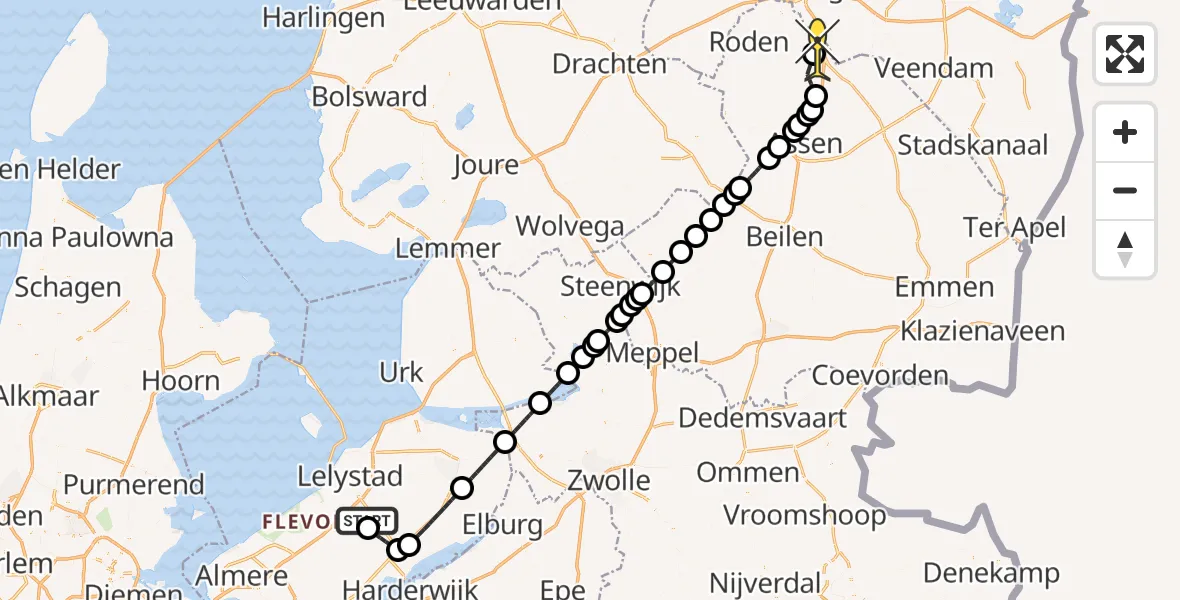 Routekaart van de vlucht: Traumaheli naar Groningen Airport Eelde, Flamingoweg