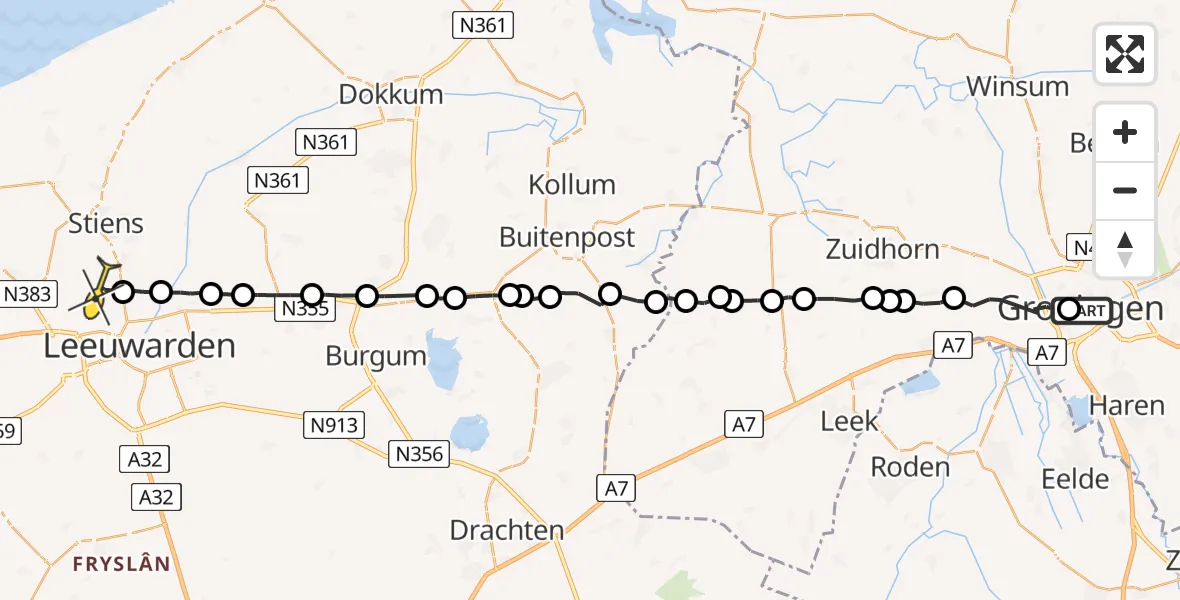 Vluchtroute Ambulancehelikopter van Universitair Medisch Centrum Groningen naar Vliegbasis Leeuwarden