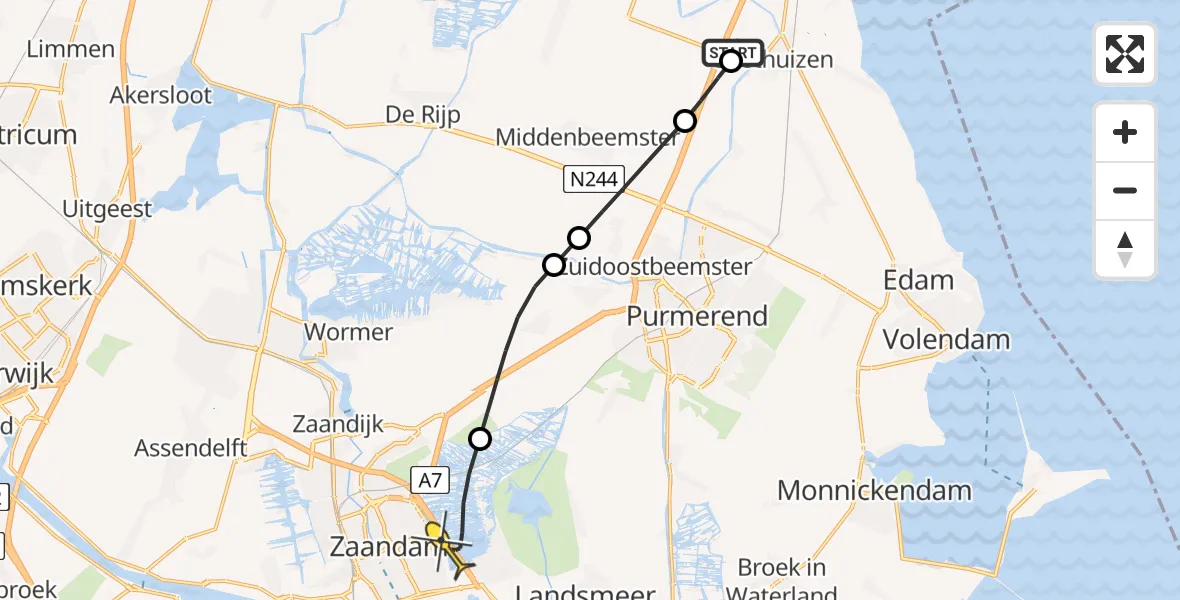 Routekaart van de vlucht: Lifeliner 1 naar Oostzaan, Hobrederweg