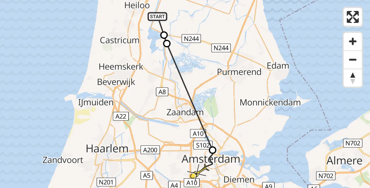 Routekaart van de vlucht: Politiehelikopter naar Amsterdam, Zuidervaart