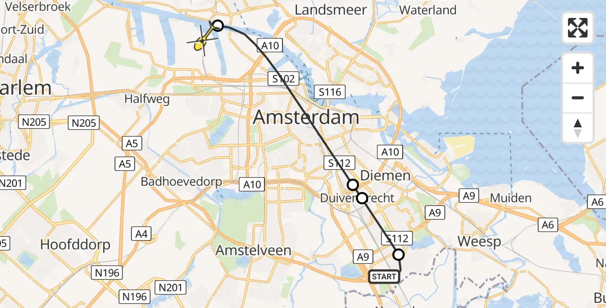 Routekaart van de vlucht: Lifeliner 1 naar Amsterdam Heliport, Slichtenhorststraat