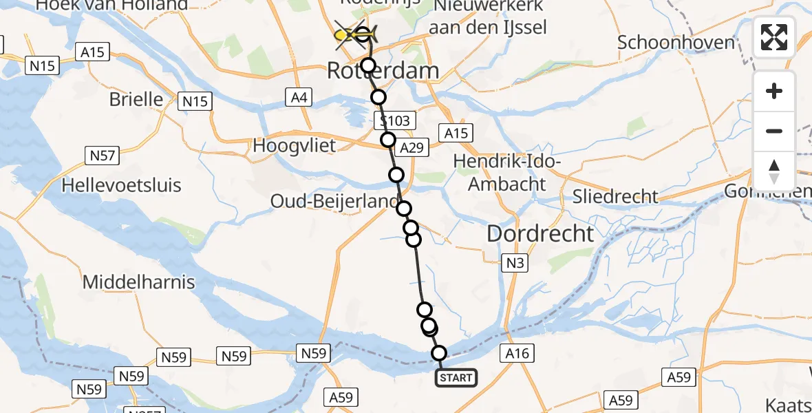 Routekaart van de vlucht: Lifeliner 2 naar Rotterdam The Hague Airport, Shell Moerdijk