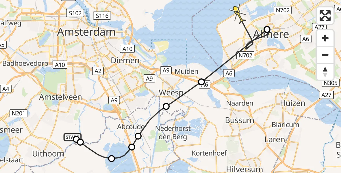 Routekaart van de vlucht: Politieheli naar Almere, Waverdijk