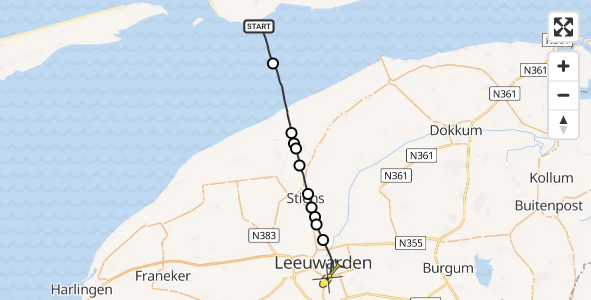 Routekaart van de vlucht: Ambulanceheli naar Leeuwarden, Molengat