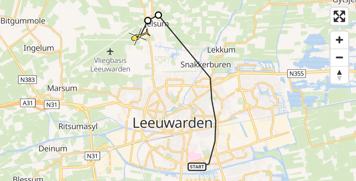 Routekaart van de vlucht: Ambulanceheli naar Vliegbasis Leeuwarden, Drachtsterweg