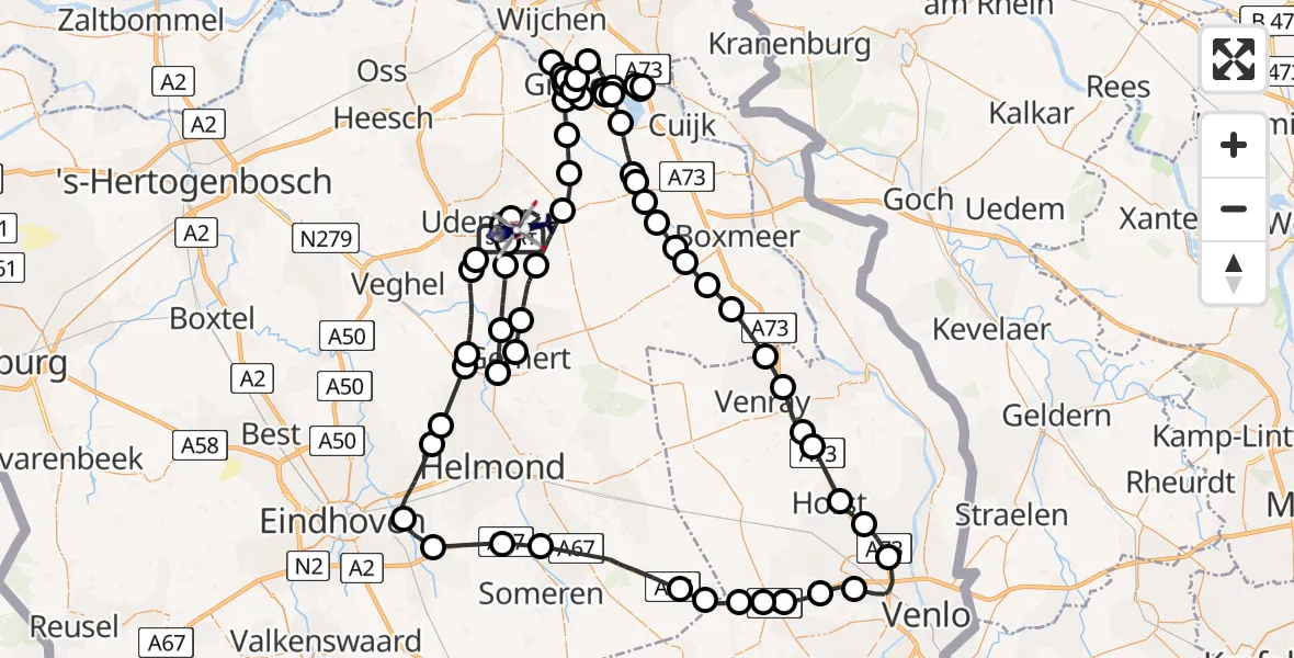 Vluchtroute Politiehelikopter van Vliegbasis Volkel naar Vliegbasis Volkel