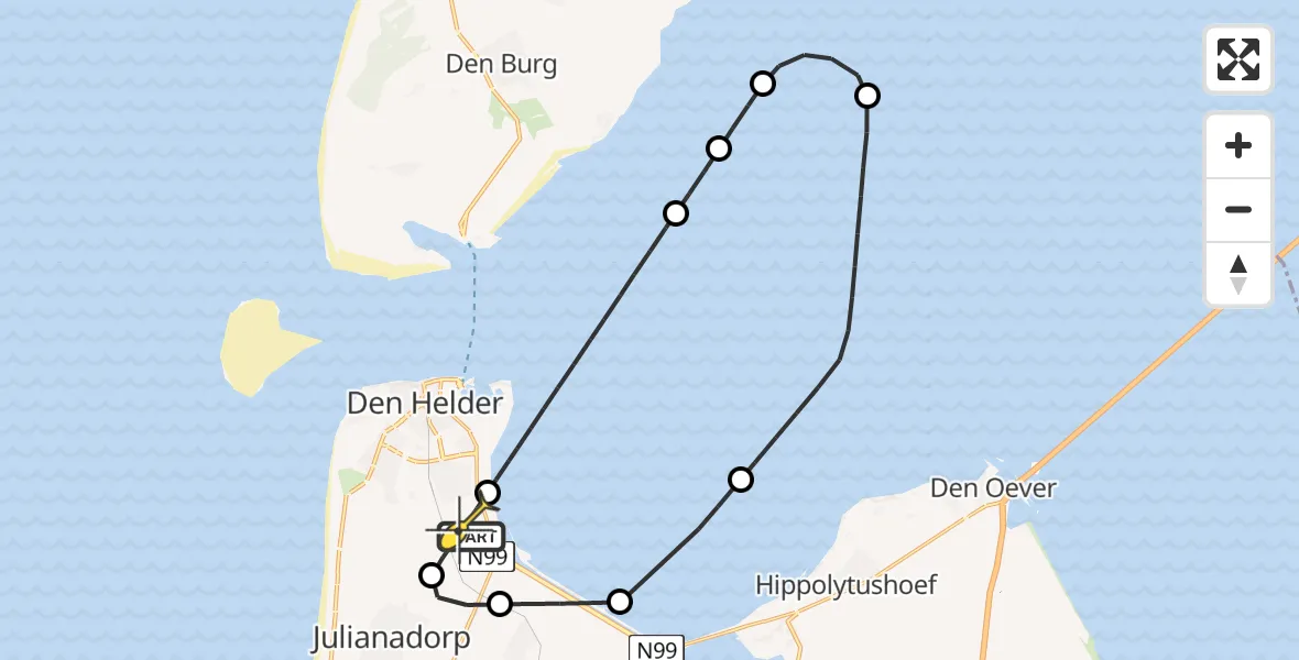 Routekaart van de vlucht: Kustwachthelikopter naar Vliegveld De Kooy, Rijksweg