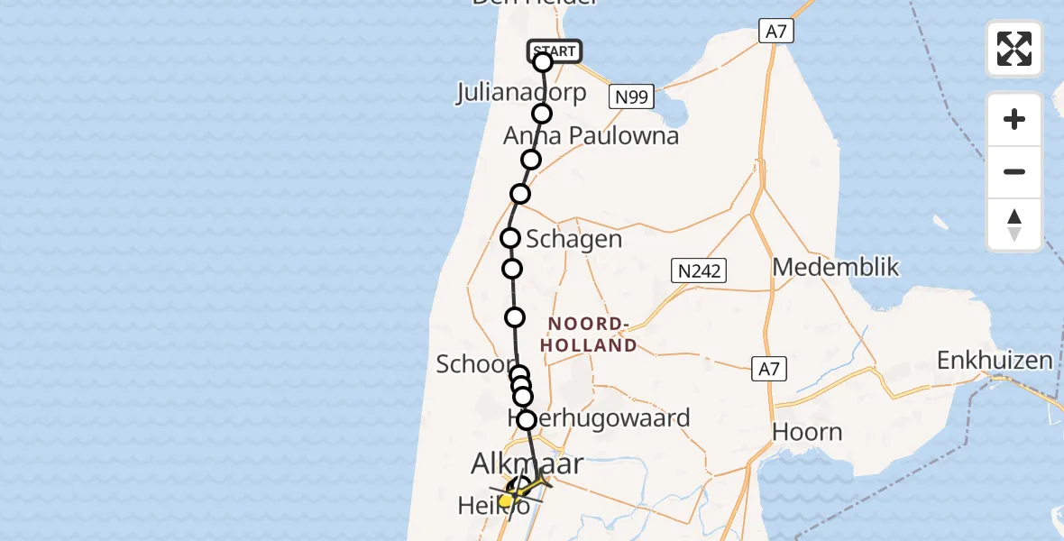 Routekaart van de vlucht: Kustwachthelikopter naar Alkmaar, Middenvliet