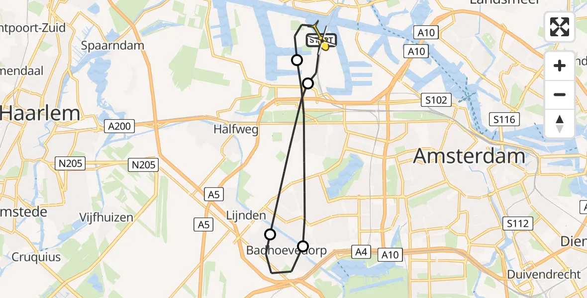 Routekaart van de vlucht: Lifeliner 1 naar Amsterdam Heliport, Nieuw-Zeelandweg