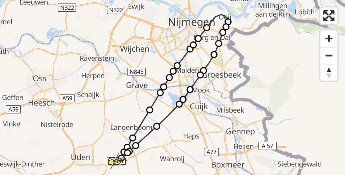 Routekaart van de vlucht: Lifeliner 3 naar Vliegbasis Volkel, Zeelandsedijk