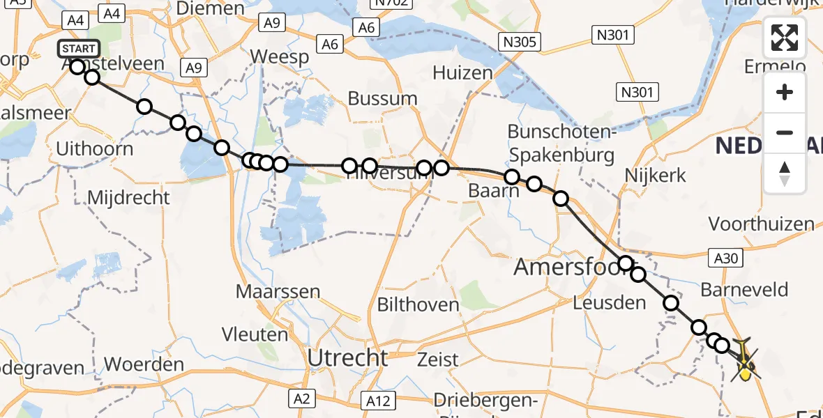 Routekaart van de vlucht: Politieheli naar Lunteren, Van Weerden-Poelmanweg